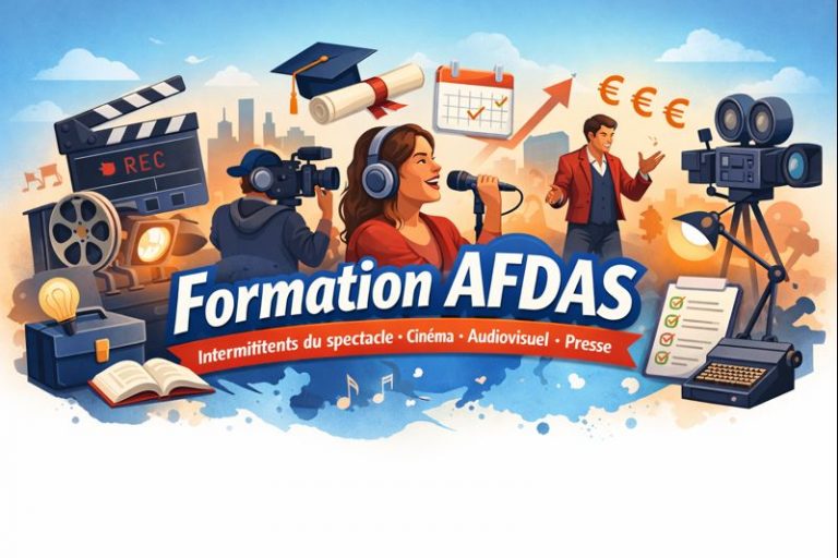 Illustration représentant la formation AFDAS pour les intermittents du spectacle, du cinéma, de l’audiovisuel et de la presse, avec les notions de financement, compétences et parcours professionnel.