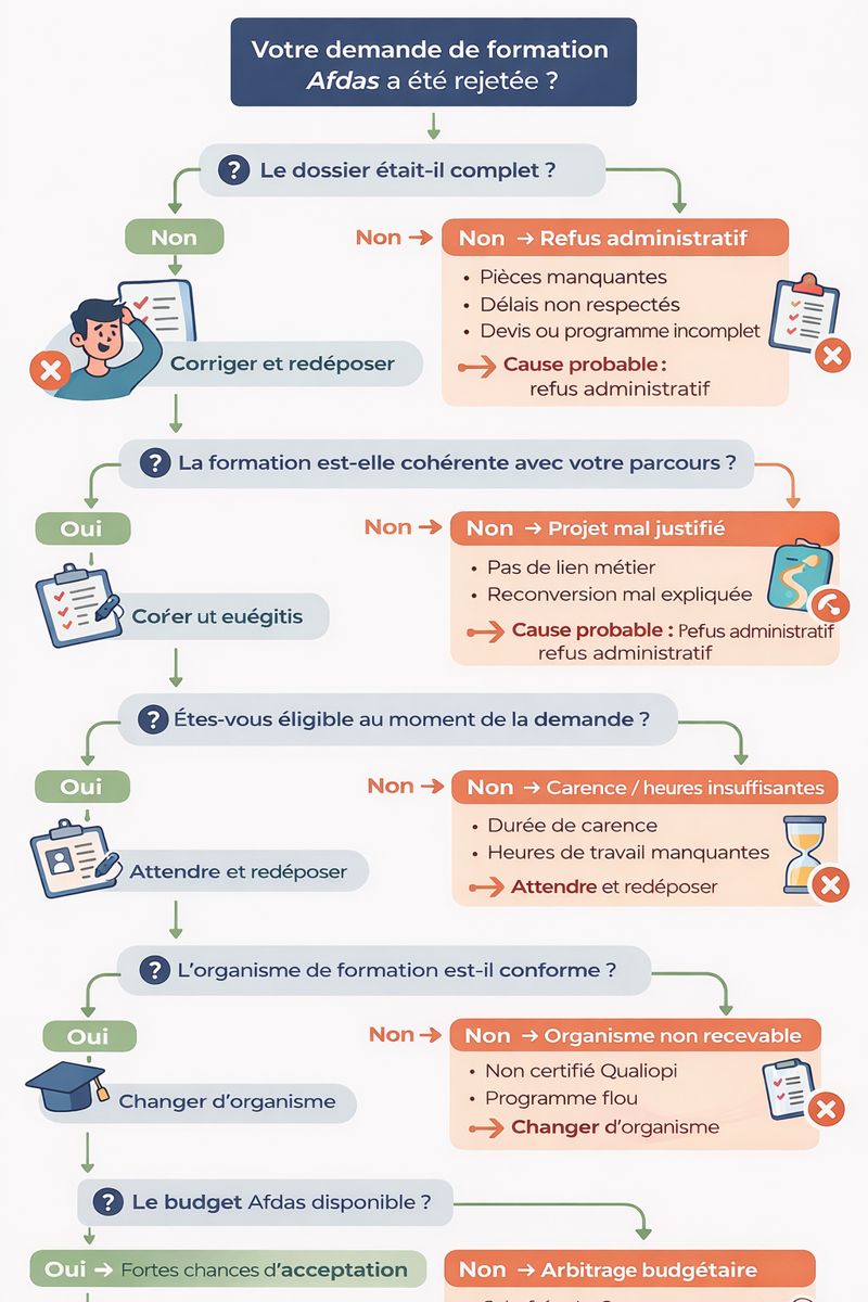 Infographie : principales causes de rejet d’une demande de formation AFDAS (dossier incomplet, incohérence du projet, carence, organisme non Qualiopi, budget)